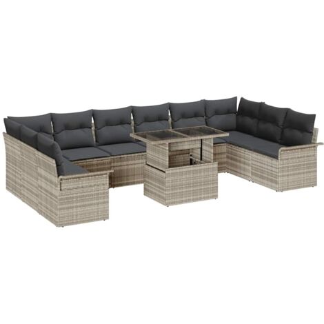 Garten-Sofa-Set mit Kissen 11 pcs Hellgrau Poly Rattan vidaXL