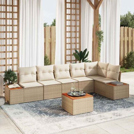 Garten-Sofa-Set mit Kissen 7 pcs Beige und Creme Poly Rattan vidaXL