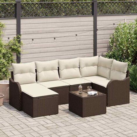Garten-Sofa-Set mit Kissen 7 pcs Braun und Weiß Poly Rattan vidaXL