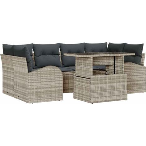Garten-Sofa-Set mit Kissen 7 pcs Hellgrau Poly Rattan vidaXL