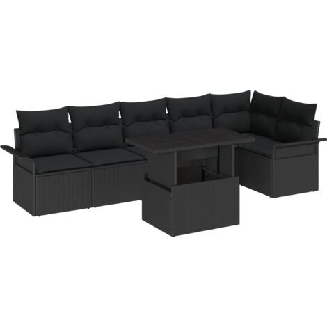 Garten-Sofa-Set mit Kissen 7 pcs Schwarz Poly Rattan vidaXL