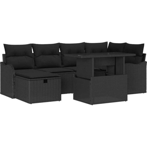Garten-Sofa-Set mit Kissen 7 pcs Schwarz Poly Rattan vidaXL