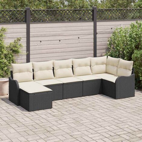 Garten-Sofa-Set mit Kissen 7 pcs Schwarz und Weiß Poly Rattan vidaXL