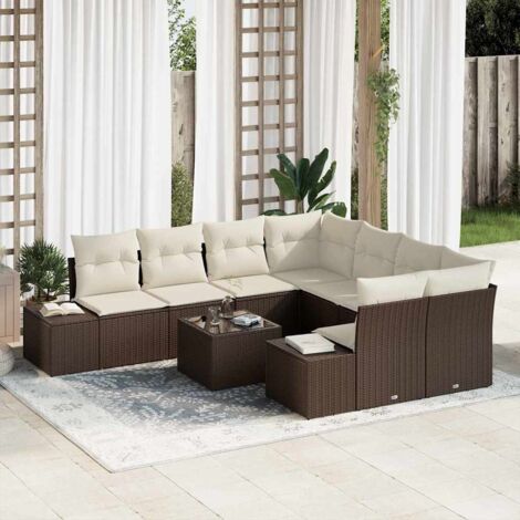 Garten-Sofa-Set mit Kissen 9 pcs Braun und Creme Poly-Rattan vidaXL