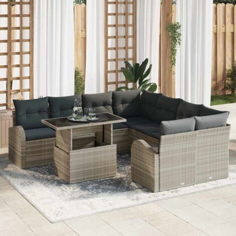 Garten-Sofa-Set mit Kissen 9 pcs Hellgrau Poly Rattan vidaXL