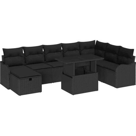 Garten-Sofa-Set mit Kissen 9 pcs Schwarz Poly Rattan vidaXL