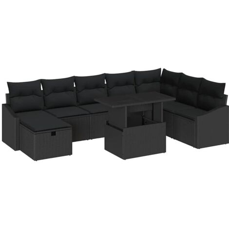Garten-Sofa-Set mit Kissen 9 pcs Schwarz Poly Rattan vidaXL