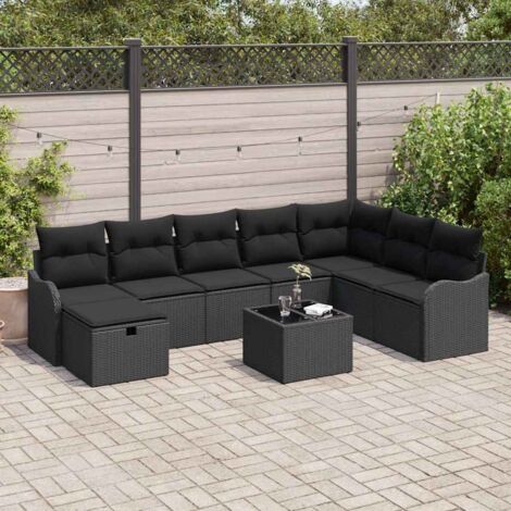 Garten-Sofa-Set mit Kissen 9 pcs Schwarz Poly Rattan vidaXL
