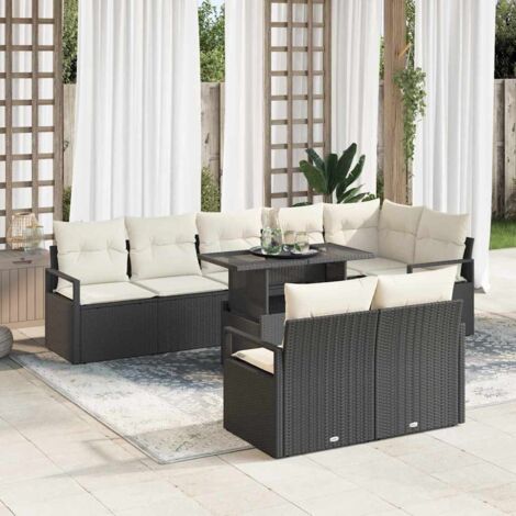 Garten-Sofa-Set mit Kissen 9 pcs Schwarz und Creme Poly-Rattan vidaXL