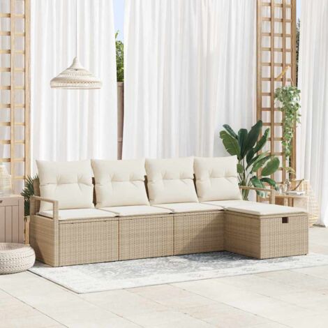 Garten-Sofa-Set mit Kissen mit Speicher 5 pcs Beige Poly Rattan vidaXL