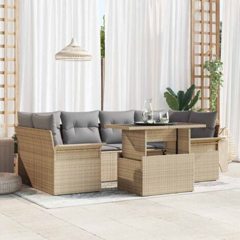 Garten-Sofa-Set mit Kissen mit Speicher 7 pcs Beige Poly Rattan vidaXL