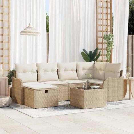 Garten-Sofa-Set mit Kissen mit Speicher 7 pcs Beige Poly Rattan vidaXL