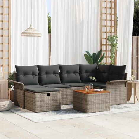 Garten-Sofa-Set mit Kissen mit Speicher 7 pcs Grau Poly Rattan vidaXL