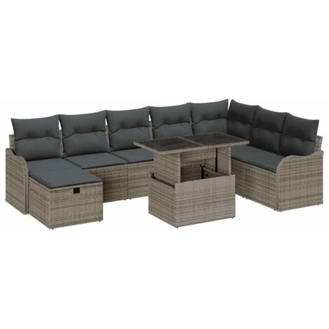 Garten-Sofa-Set mit Kissen mit Speicher 9 pcs Grau Poly Rattan vidaXL