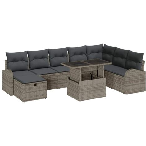 Garten-Sofa-Set mit Kissen mit Speicher 9 pcs Grau Poly Rattan vidaXL