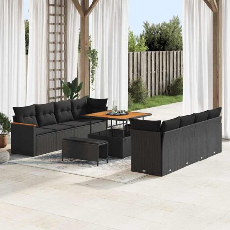 Garten-Sofa-Set mit Kissen mit Speicher Schwarz Poly Rattan vidaXL