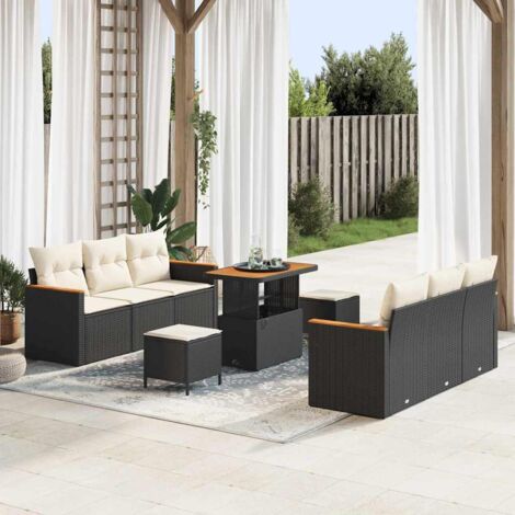 Garten-Sofa-Set mit Kissen mit Speicher Schwarz Poly Rattan vidaXL