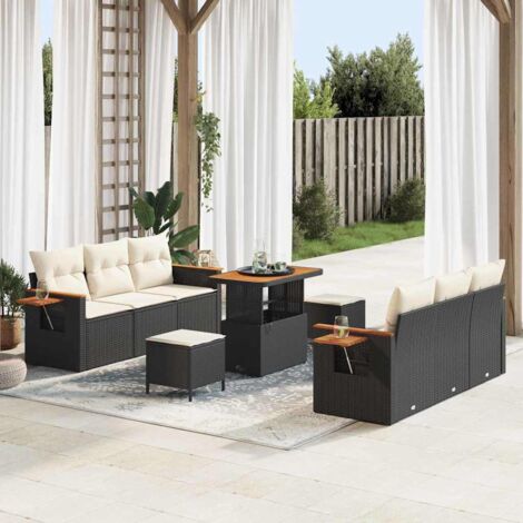 Garten-Sofa-Set mit Kissen mit Speicher Schwarz Poly Rattan vidaXL