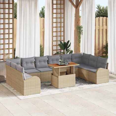 Garten-Sofa-Set mit Speicher 11 pcs Beige Poly Rattan vidaXL