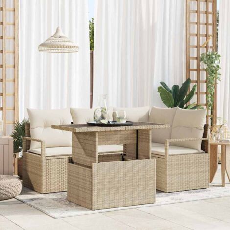 Garten-Sofa-Set mit Speicher 5 pcs Beige Poly Rattan vidaXL