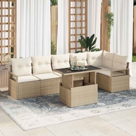 Garten-Sofa-Set mit Speicher 7 pcs Beige Poly Rattan vidaXL