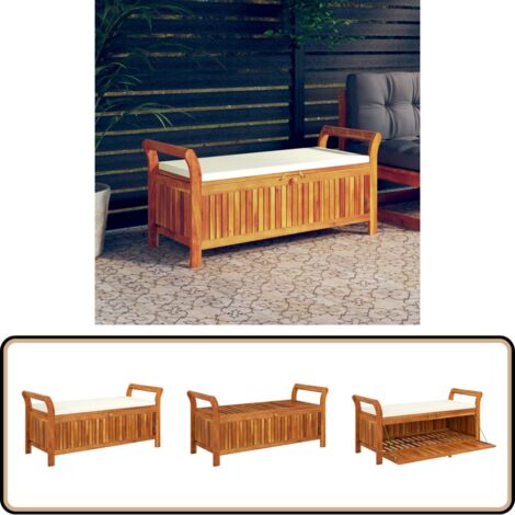 Garten-Truhenbank mit Kissen 126 cm Massivholz Akazie - Holzbank - Gartenbank - Stauraumbank - Akazienholz - Outdoormöbel