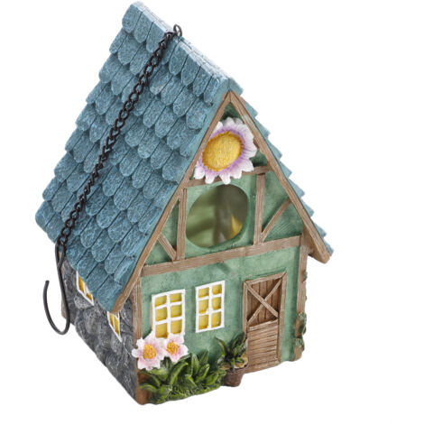 Garten-Vogelhaus aus Kunstharz – Statue und Dekoration mit Nistkasten, robustes Kunstharz, Maße: 21,4 x 15,5 x 13 cm, 1 Stück