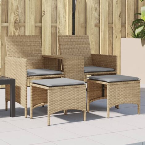 Gartenbank 2 Plätze mit Tisch und Hockern Beige Rattan