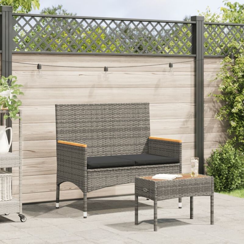 Vidaxl Gartenbank 2-sitzer Mit Kissen Und Tisch Grau Poly Rattan