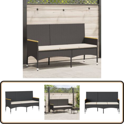 Gartenbank 3-Sitzer mit Kissen Schwarz Poly Rattan - Gartensessel - Gartenbank - Outdoor-Möbel - Balkonmöbel - Rattanmöbel