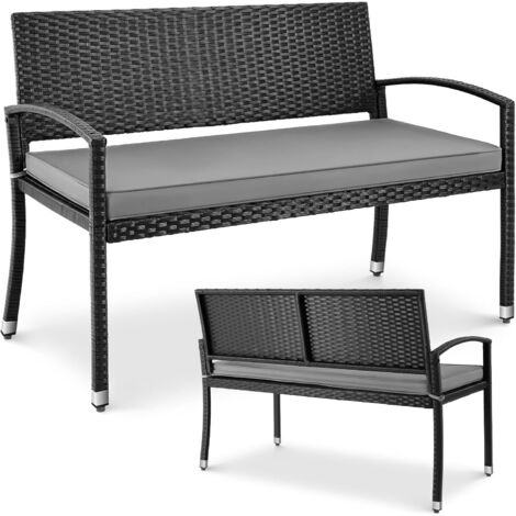 Gartenbank aus Rattan mit Kissen, wetterbeständige Polyrattan-Bank für den Außenbereich – Schwarz