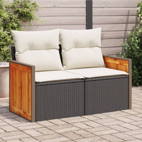 Gartenbank mit Kissen für 2 Personen, schwarz, geflochtenes Material