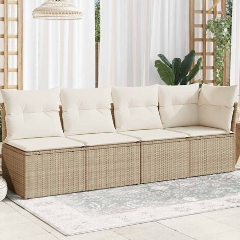 Gartenbank mit Kissen für 4 Personen beige geflochtene Kunstharz