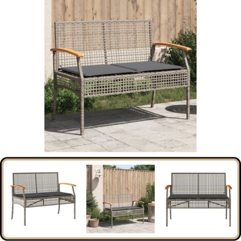 Gartenbank mit Kissen Grau Poly Rattan Akazienholz - Gartenzubehör - Gartenbank - Outdoor Möbel - Gartenstuhl - Balkonmöbel