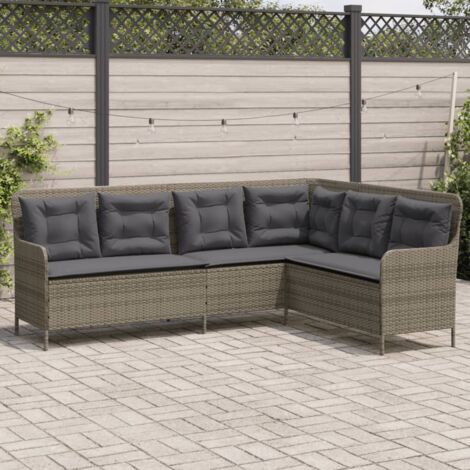 Gartenbank mit Kissen in L-Form, grau, aus geflochtener Kunstoffe
