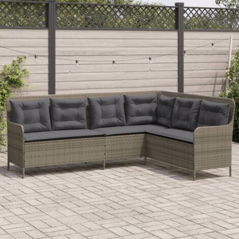 Gartenbank mit Kissen in L-Form, grau, aus geflochtener Kunstoffe