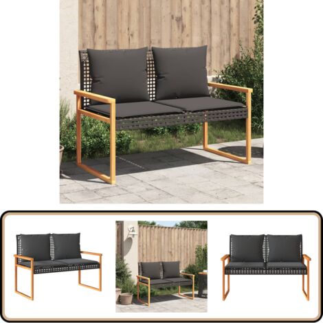 Gartenbank mit Kissen Schwarz Poly Rattan Akazienholz - Gartensessel - Gartenbank - Outdoor Möbel - Balkonmöbel - Terrasse