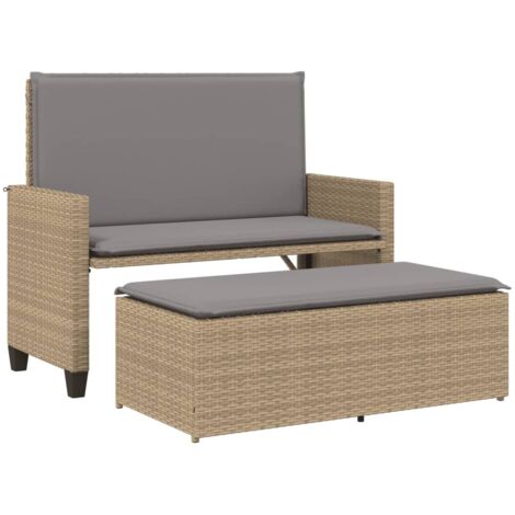 Gartenbank mit Kissen und Fußhocker aus geflochtener Rattan-Optik Beige