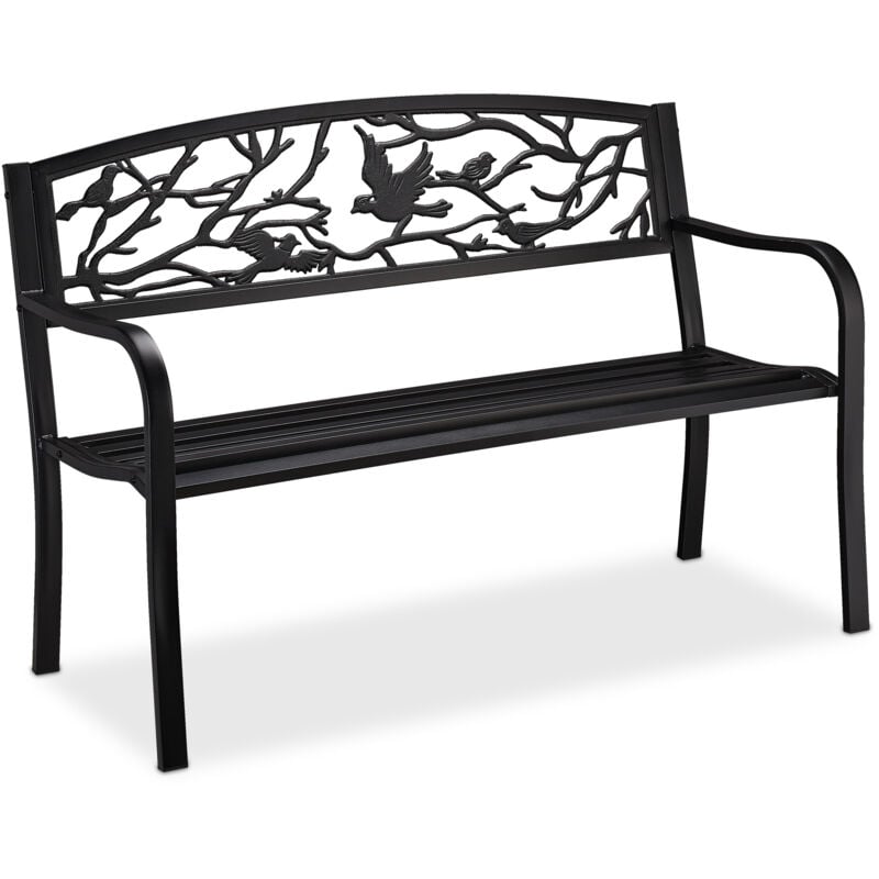 Relaxdays - Gartenbank, Vögel Muster, 2-Sitzer, Vintage, Garten & Balkon, Stahl, Sitzbank, HBT: 87x127x57 cm, schwarz