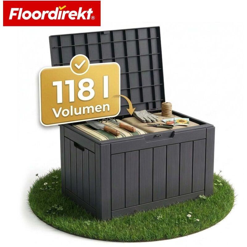 Floordirekt Gartenbox In Holz-optik Wetterfeste Kissenbox Für Terrasse & Balkon Anthrazit 56 X 43 X 53 Cm (118 L)
