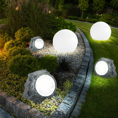 Gartendeko Lampen Steinoptik Solarlampen für Außen Garten LED Terrassen Dekoration Kugel Solar, Kunststoff weiß grau, LED warmweiß, 5er Set