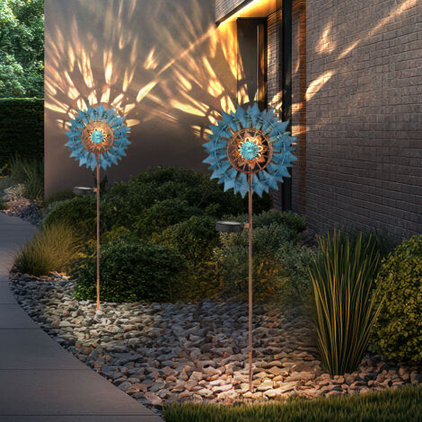 Gartendeko Windrad LED Solarleuchte Terrassenlampe Außenlampe Erdspieß, gold blau antik, Bruchglas, LxH 22,5 x 92 cm, 2er Set