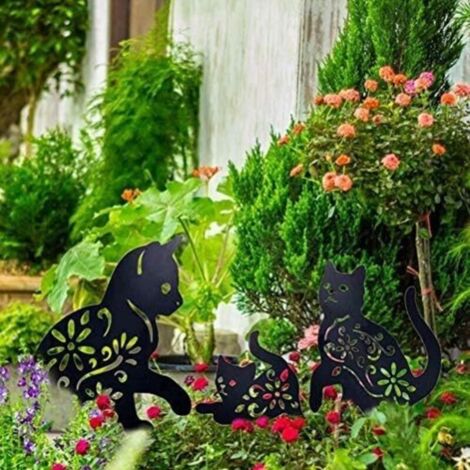 Gartendekoration mit Katzenmotiven aus Metall, 3-teiliges Set, Katzen-Silhouette, schwarz