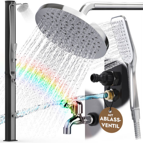 DIRKS-TRAUMBAD Gartendusche 35 Liter mit Handbrause Solardusche Pool Edelstahl Blende Fußdusche für Außen Schwarz ohne Stromanschluss