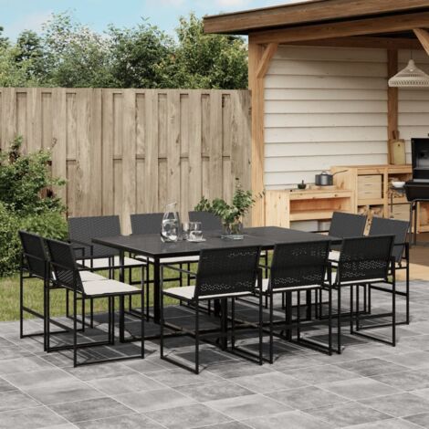 Gartenessgruppe 11 Teile mit schwarzen Kissen aus geflochtener Kunstfaser