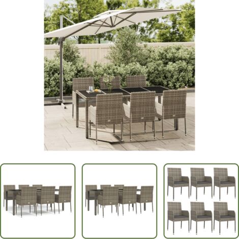 Gartenessgruppe -  7-tlg. Garten-Essgruppe mit Kissen Grau Poly Rattan