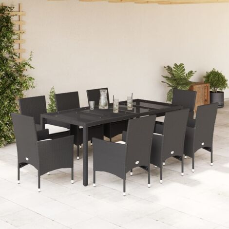 Gartenessgruppe mit 9 Polstern schwarz Rattan Glas
