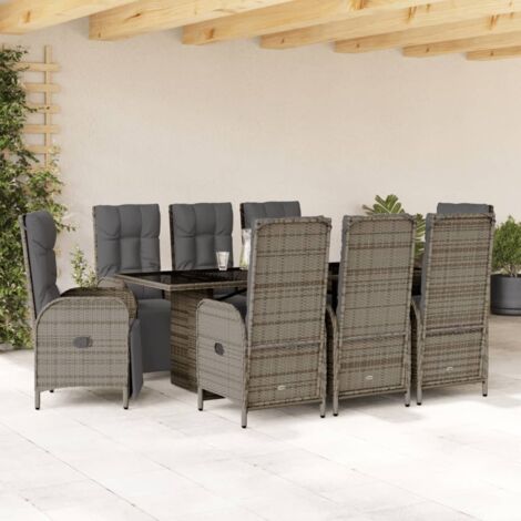 Gartenesszimmer 9-tlg. Set mit grauen Kissen aus geflochtener Rattan