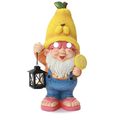 Gartenfigur Zwerg mit Laterne und Leuchtaugen aus MGO, 26x16x45,8 cm, lustige Deko für Garten und Außenbereich