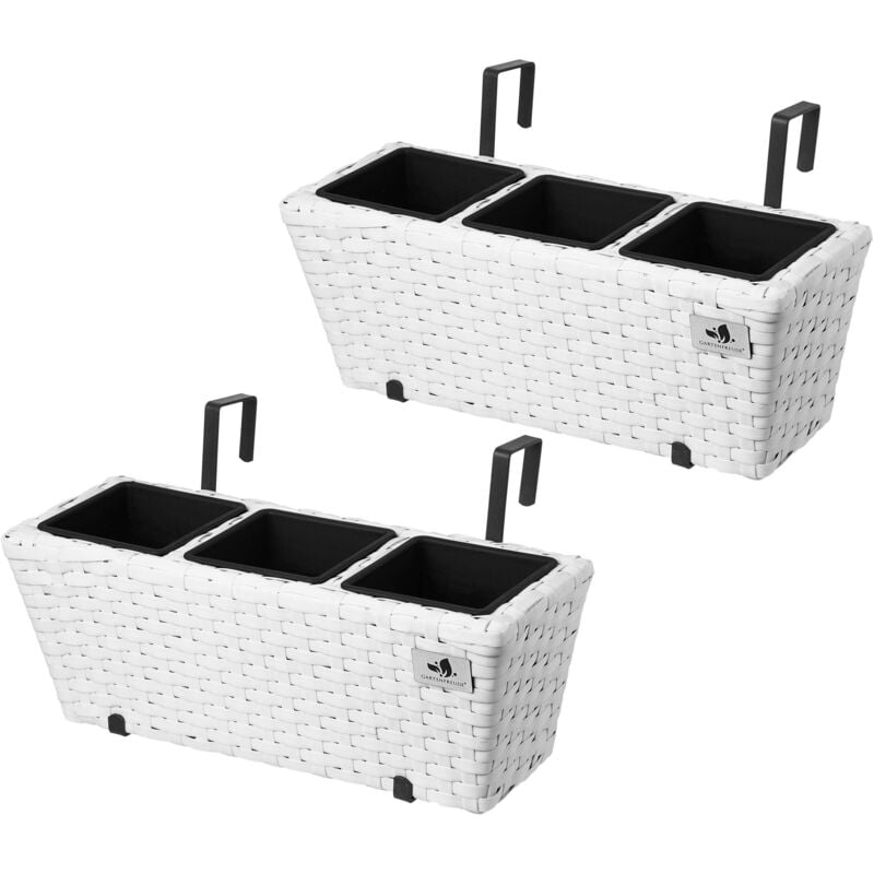 Fioriere da balcone in polyrattan, con tre vasetti in plastica, incl. supporto per appenderle, 47 x 17 x 15 cm, colore: Bianco, 2 pz. - Gartenfreude